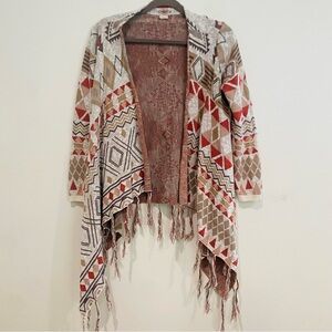 SUN & SHADOW AZTEC TRIBAL PRINT OPEN FRONT FRINGED CARDIGAN SIZE SMALL